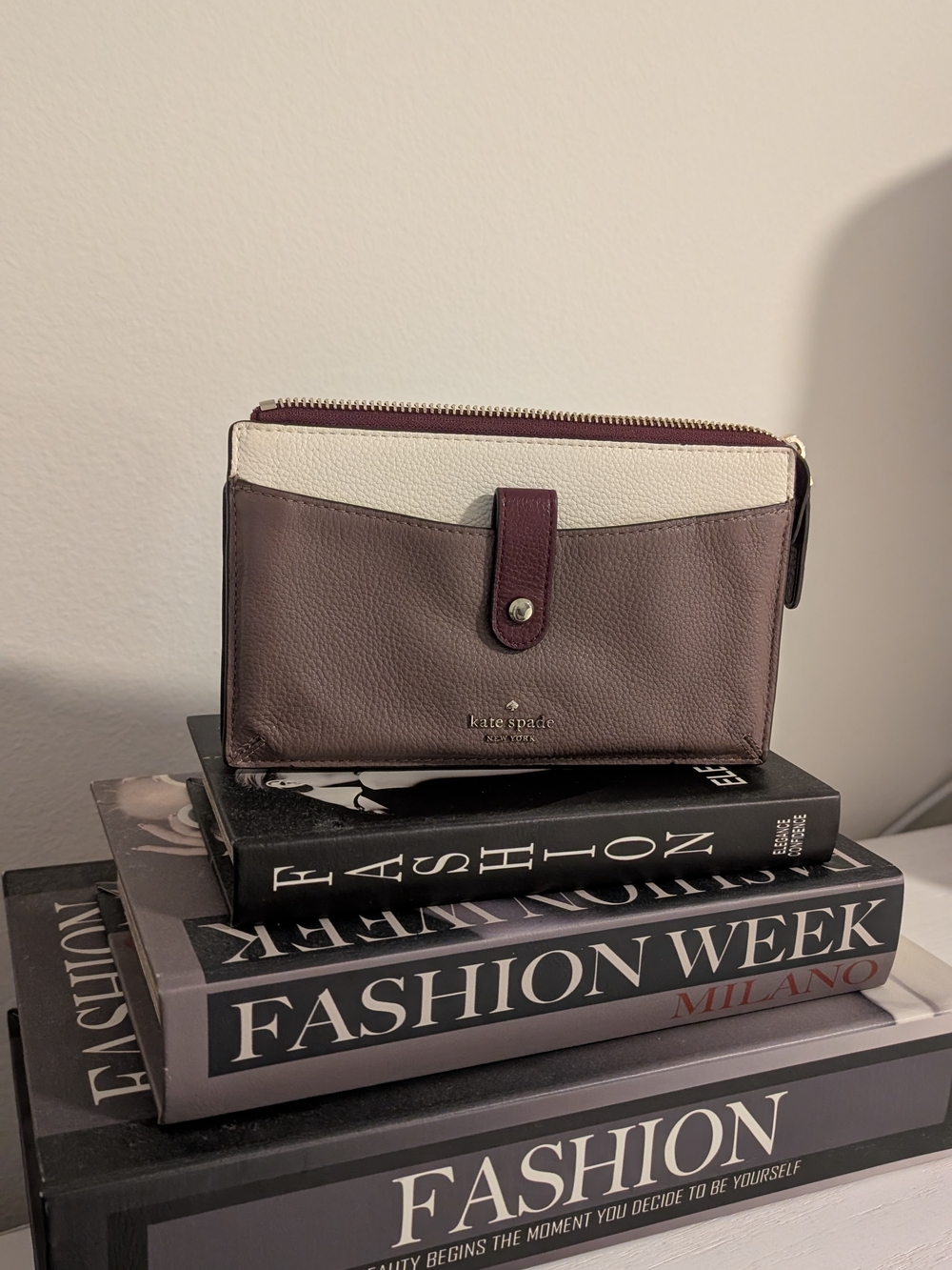 kate spade Two-Tone Pebbled Leather Wristlet Wallet - Plum & Cream